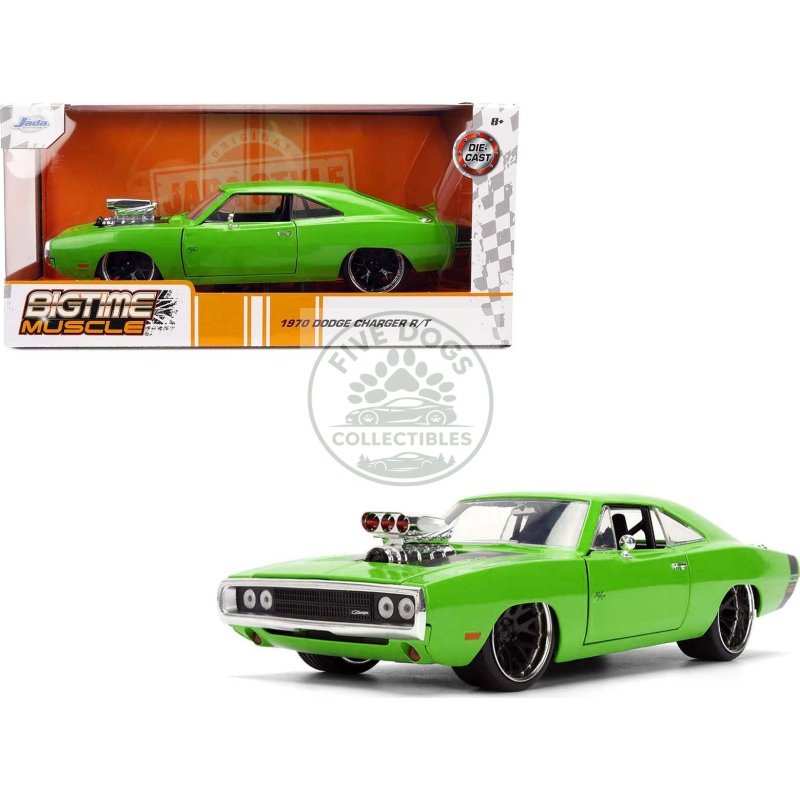 1970 dodge charger r/t bright green with black tail stripe "bigtime muscle" series 1/24 diecast model car by jada