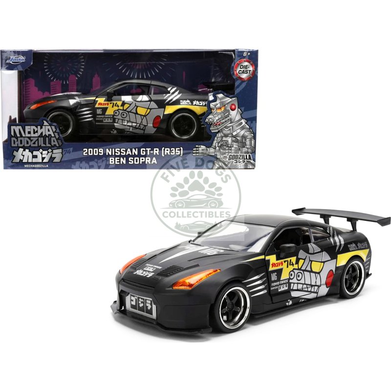2009 nissan gt r (r35) ben sopra matt black with "mechagodzilla" graphics "hollywood rides" series 1/24 diecast model car by jada
