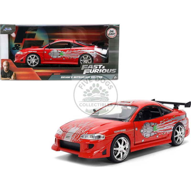 brian's mitsubishi eclipse red with graphics remix "the fast and the furious" (2001) movie "fast & furious" series 1/24 diecast model car by jada