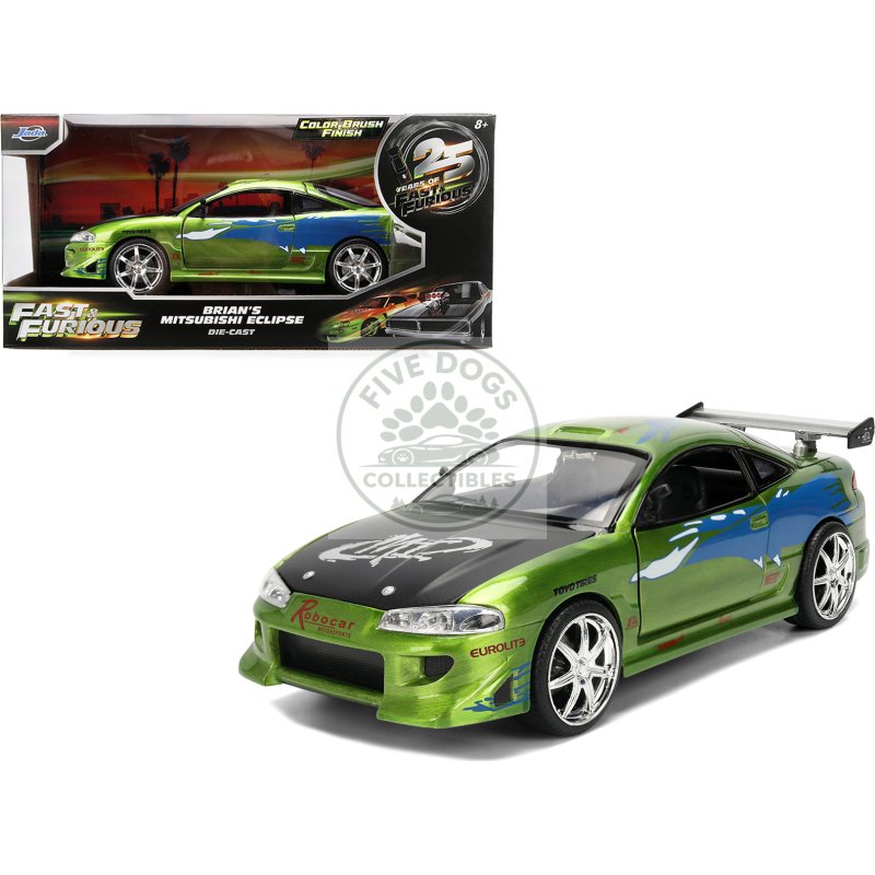 brian's mitsubishi eclipse green brush finish "the fast and the furious" (2001) movie 25 years of fast & furious anniversary 1/24 diecast model car by jada