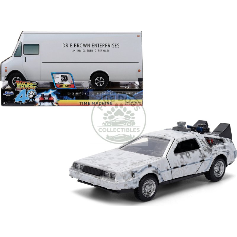 dmc delorean time machine brushed metal (frost version) "back to the future" (1985) movie "40th anniversary" special packaging "hollywood rides" series 1/32 diecast model car by jada