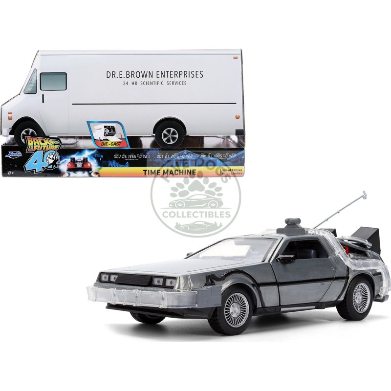 delorean brushed metal time machine with lights "back to the future" (1985) movie "40th anniversary" special packaging "hollywood rides" series 1/24 diecast model car by jada