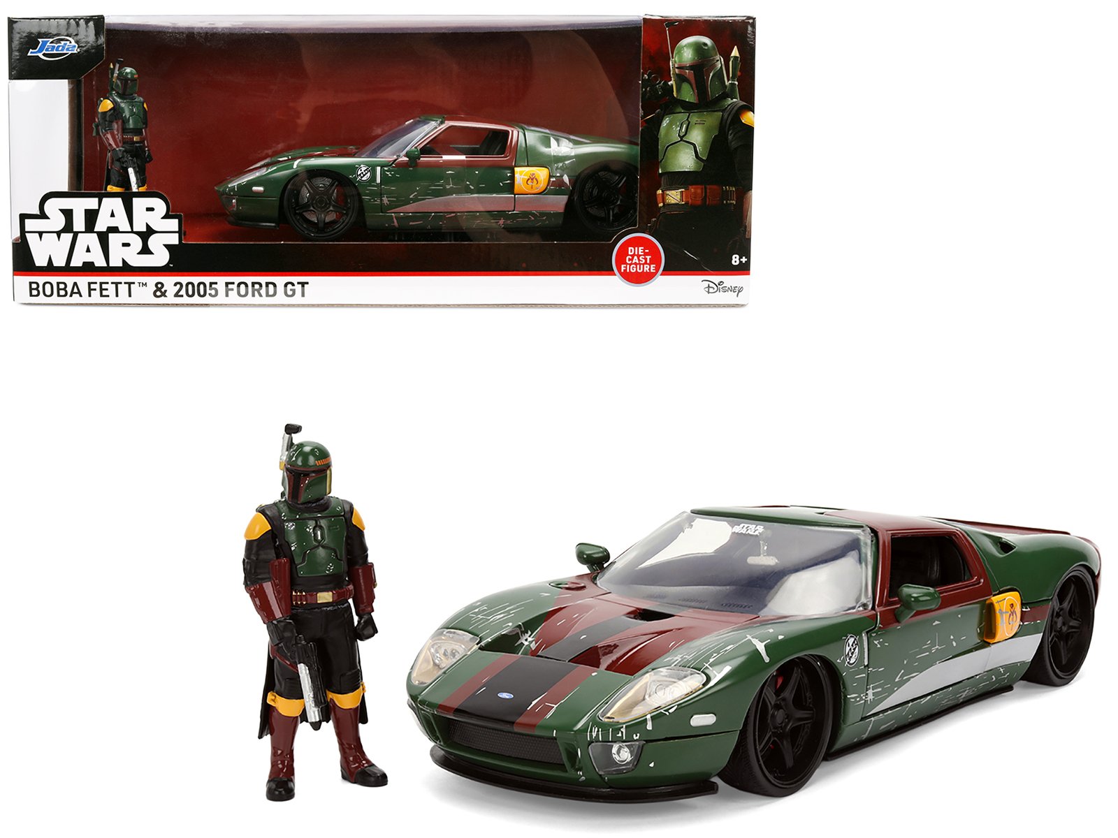 2005 ford gt green (weathered) with graphics and boba fett figure "star wars" franchise "hollywood rides" series 1/24 diecast model car by jada 2005 ford gt green (weathered) with graphics and boba fett figure "star wars" franchise "hollywood rides" series 1/24 diecast model car by jada