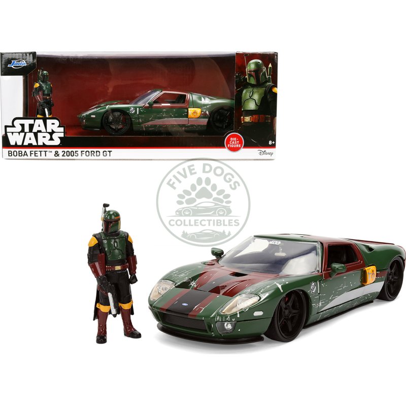 2005 ford gt green (weathered) with graphics and boba fett figure "star wars" franchise "hollywood rides" series 1/24 diecast model car by jada