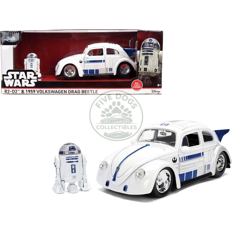 1959 volkswagen drag beetle white with graphics and r2 d2 figure "star wars" franchise "hollywood rides" series 1/24 diecast model car by jada