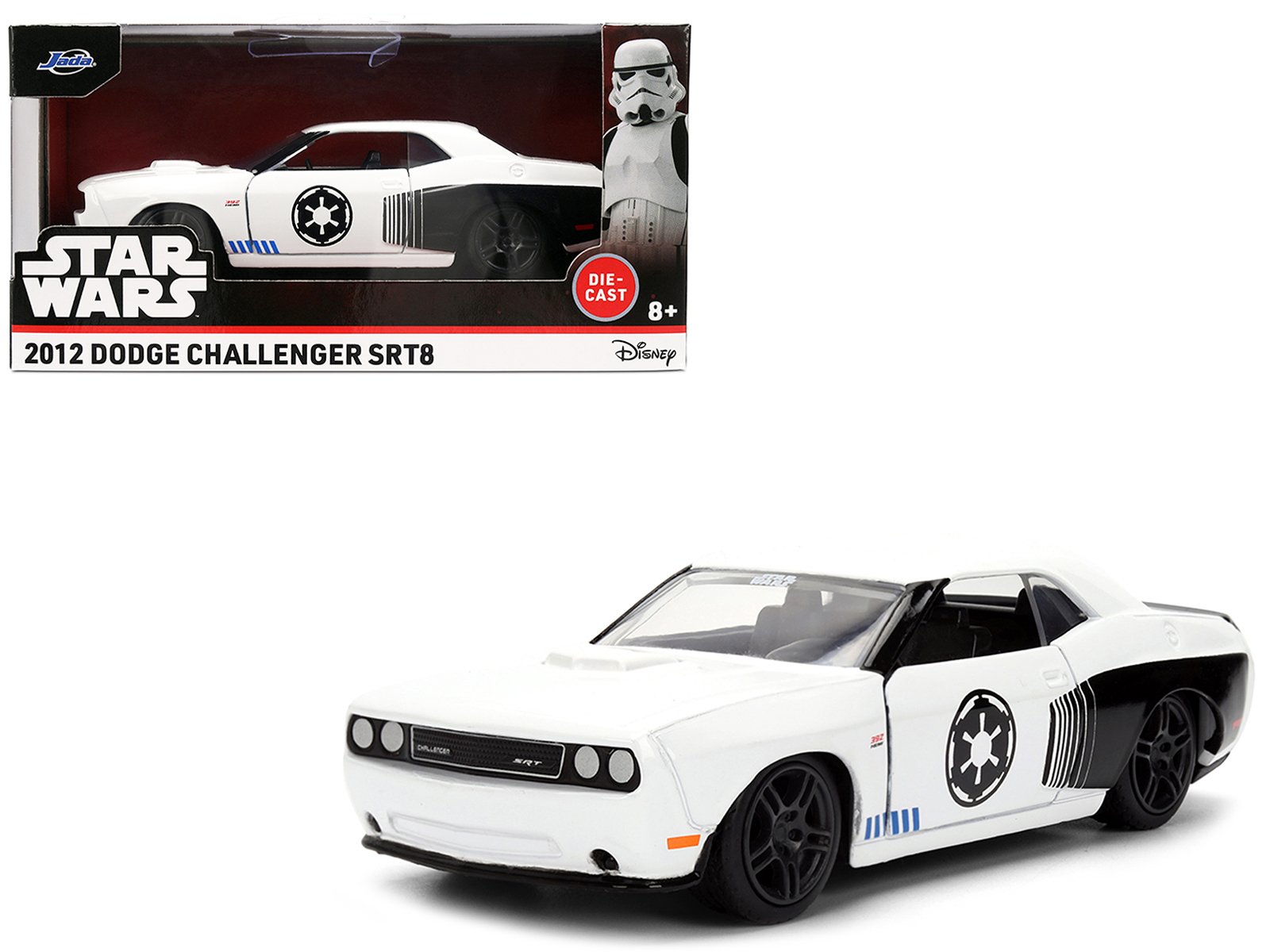 2012 dodge challenger srt8 "stormtrooper" livery white with graphics "star wars" franchise "hollywood rides" series 1/32 diecast model car by jada 2012 dodge challenger srt8 "stormtrooper" livery white with graphics "star wars" franchise "hollywood rides" series 1/32 diecast model car by jada