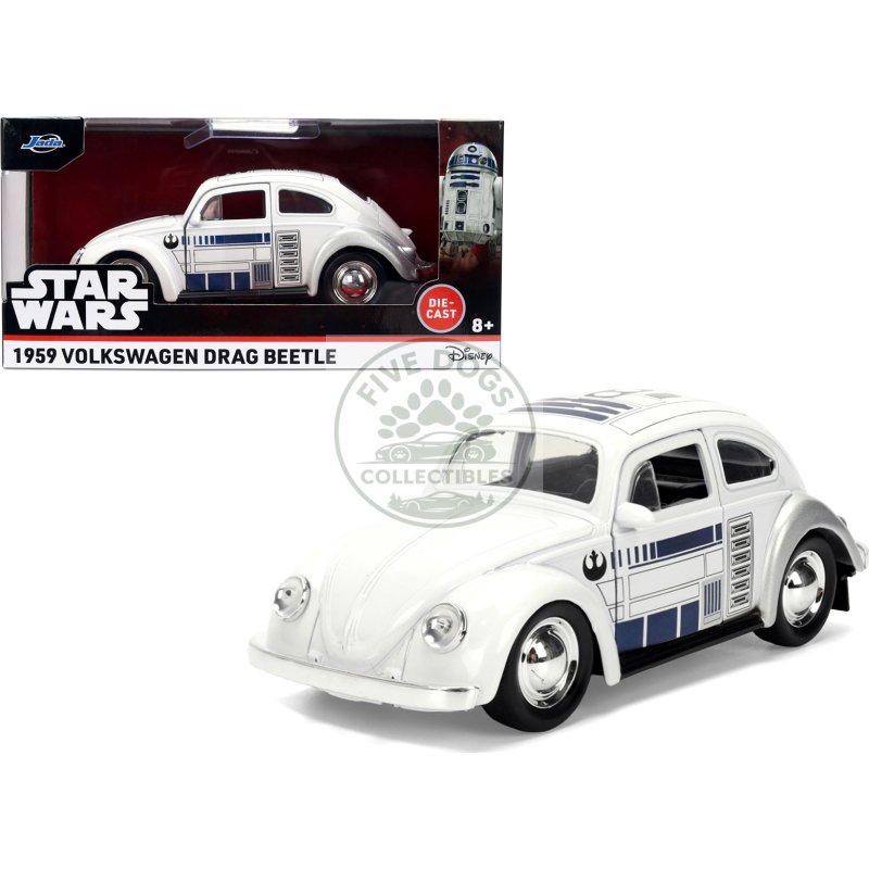 1959 volkswagen beetle "r2 d2" livery white with graphics "star wars" franchise "hollywood rides" series 1/32 diecast model car by jada