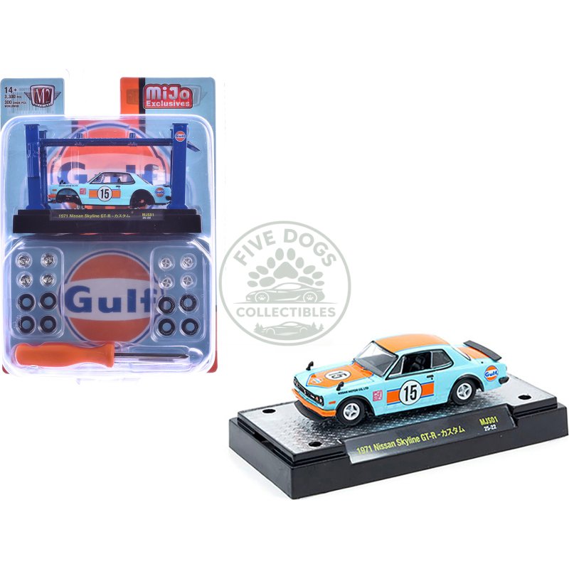 1971 nissan skyline gt r rhd (right hand drive) #15 "gulf oil" light blue and orange "auto lifts" series limited edition to 3300 pieces worldwide 1/64 diecast model car by m2 machines