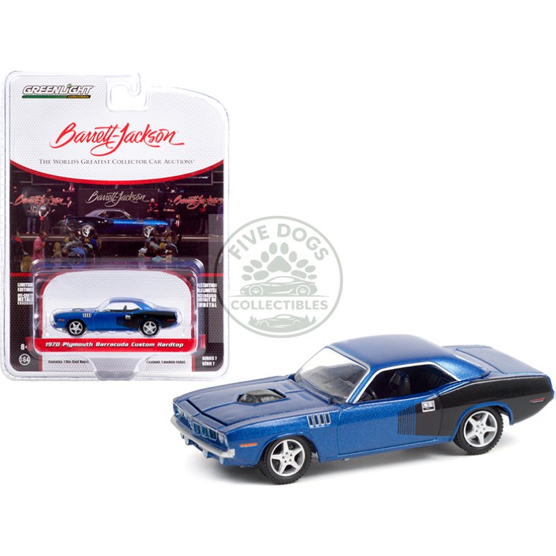 1970 plymouth barracuda custom hardtop blue metallic and black with modern hemi lettering (lot #720) barrett jackson "scottsdale edition" series 7 1/64 diecast model car by greenlight