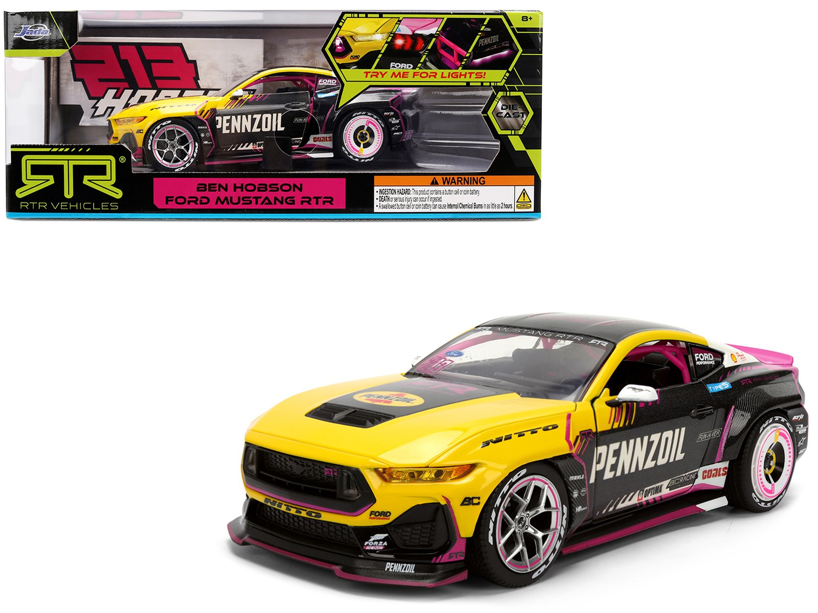 ford mustang rtr #213 ben hobson "pennzoil" "formula drift pro championship" (2025) with lights "rtr vehicles" series 1/24 diecast model car by jada ford mustang rtr #213 ben hobson "pennzoil" "formula drift pro championship" (2025) with lights "rtr vehicles" series 1/24 diecast model car by jada