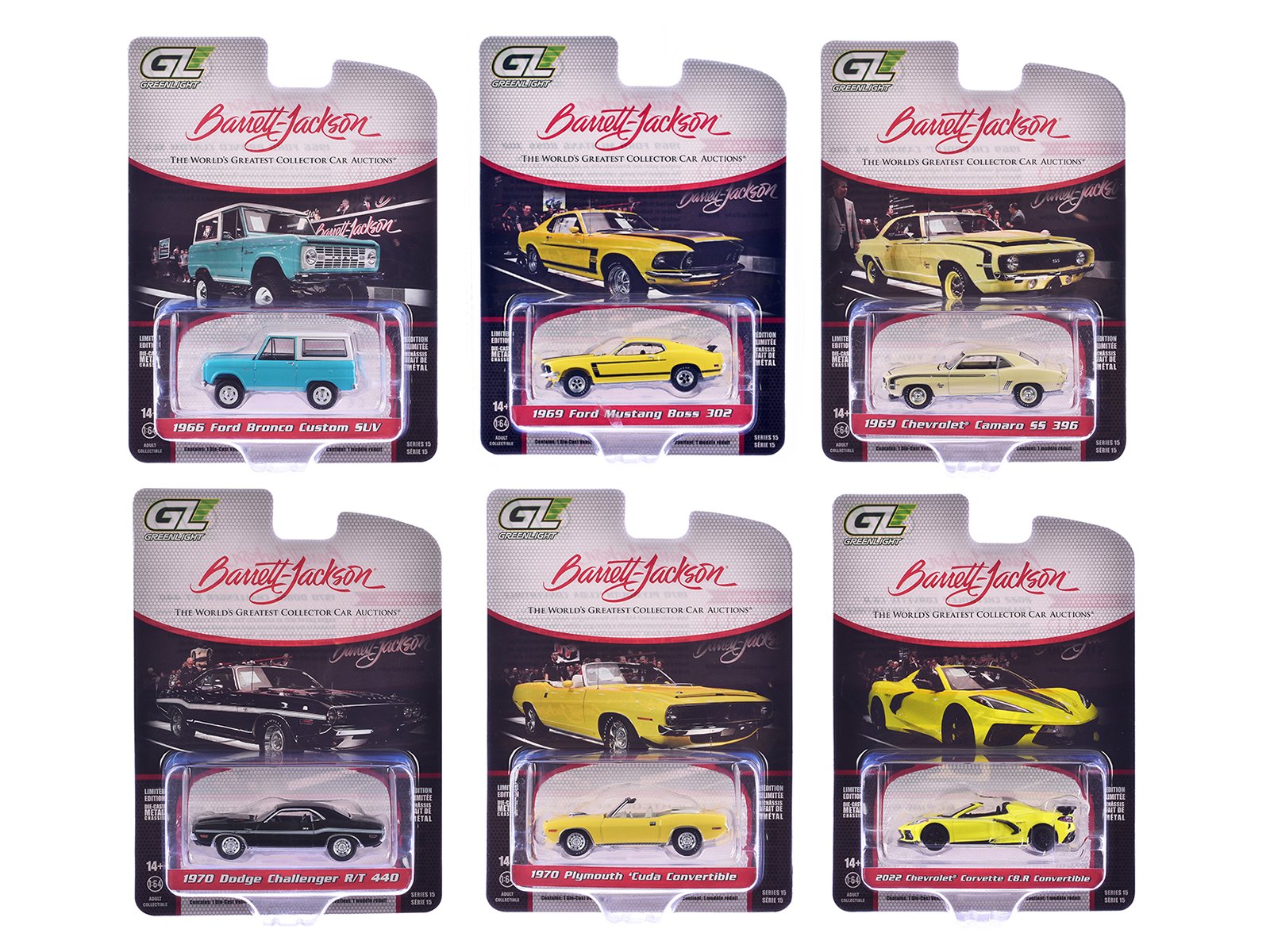"barrett jackson" series 15 set of 6 cars 1/64 diecast model cars by greenlight "barrett jackson" series 15 set of 6 cars 1/64 diecast model cars by greenlight