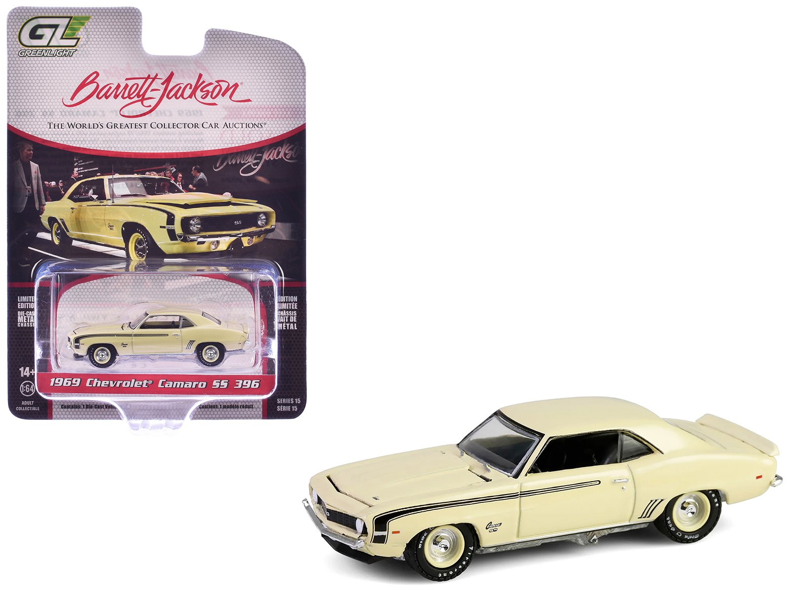 1969 chevrolet camaro ss 396 butternut yellow with black stripes "barrett jackson" series 15 1/64 diecast model car by greenlight 1969 chevrolet camaro ss 396 butternut yellow with black stripes "barrett jackson" series 15 1/64 diecast model car by greenlight