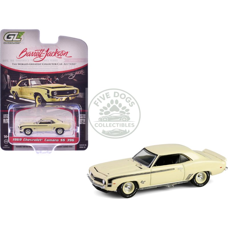 1969 chevrolet camaro ss 396 butternut yellow with black stripes "barrett jackson" series 15 1/64 diecast model car by greenlight