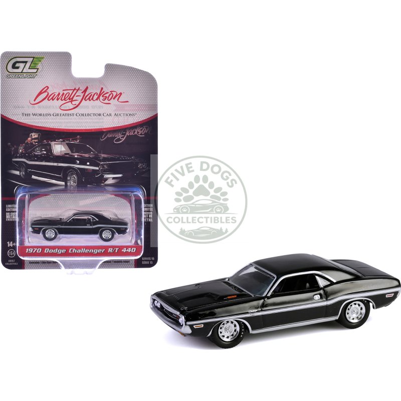 1970 dodge challenger r/t 440 black with white stripes "barrett jackson" series 15 1/64 diecast model car by greenlight