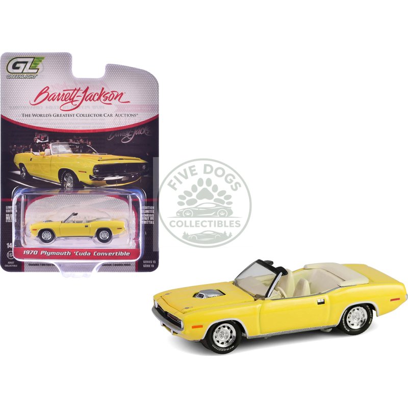 1970 plymouth 'cuda convertible yellow "barrett jackson" series 15 1/64 diecast model car by greenlight