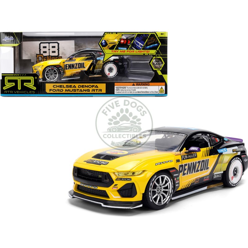 ford mustang rtr #88 chelsea denofa "pennzoil" "formula drift pro championship" (2025) with lights "rtr vehicles" series 1/24 diecast model car by jada