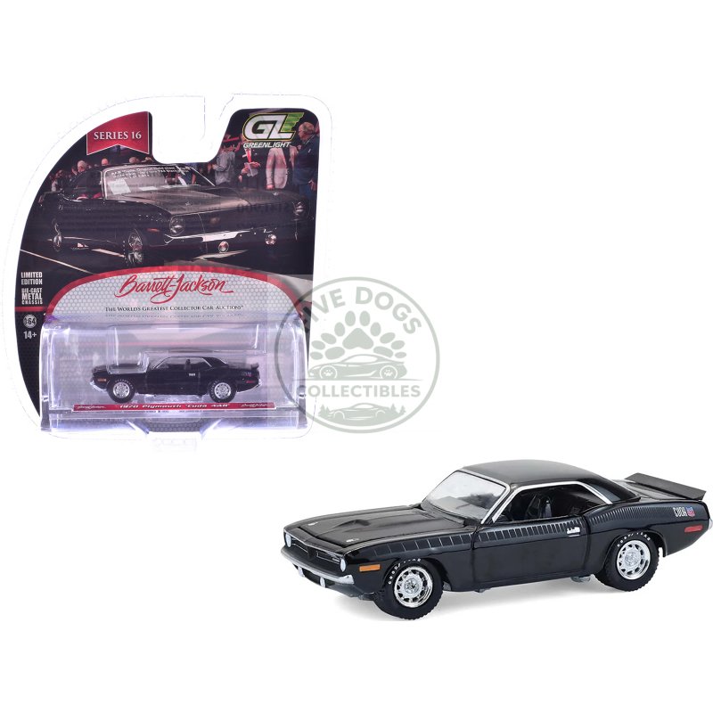1970 plymouth 'cuda aar black with gray stripes "barrett jackson" series 16 1/64 diecast model car by greenlight
