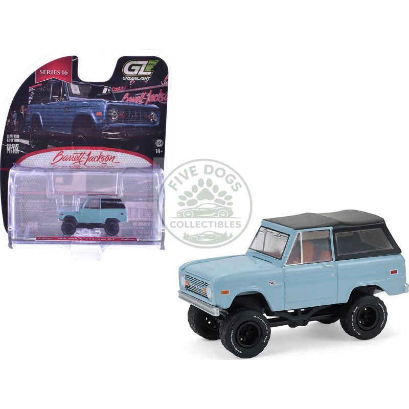1972 ford bronco custom suv light blue with black top "barrett jackson" series 16 1/64 diecast model car by greenlight