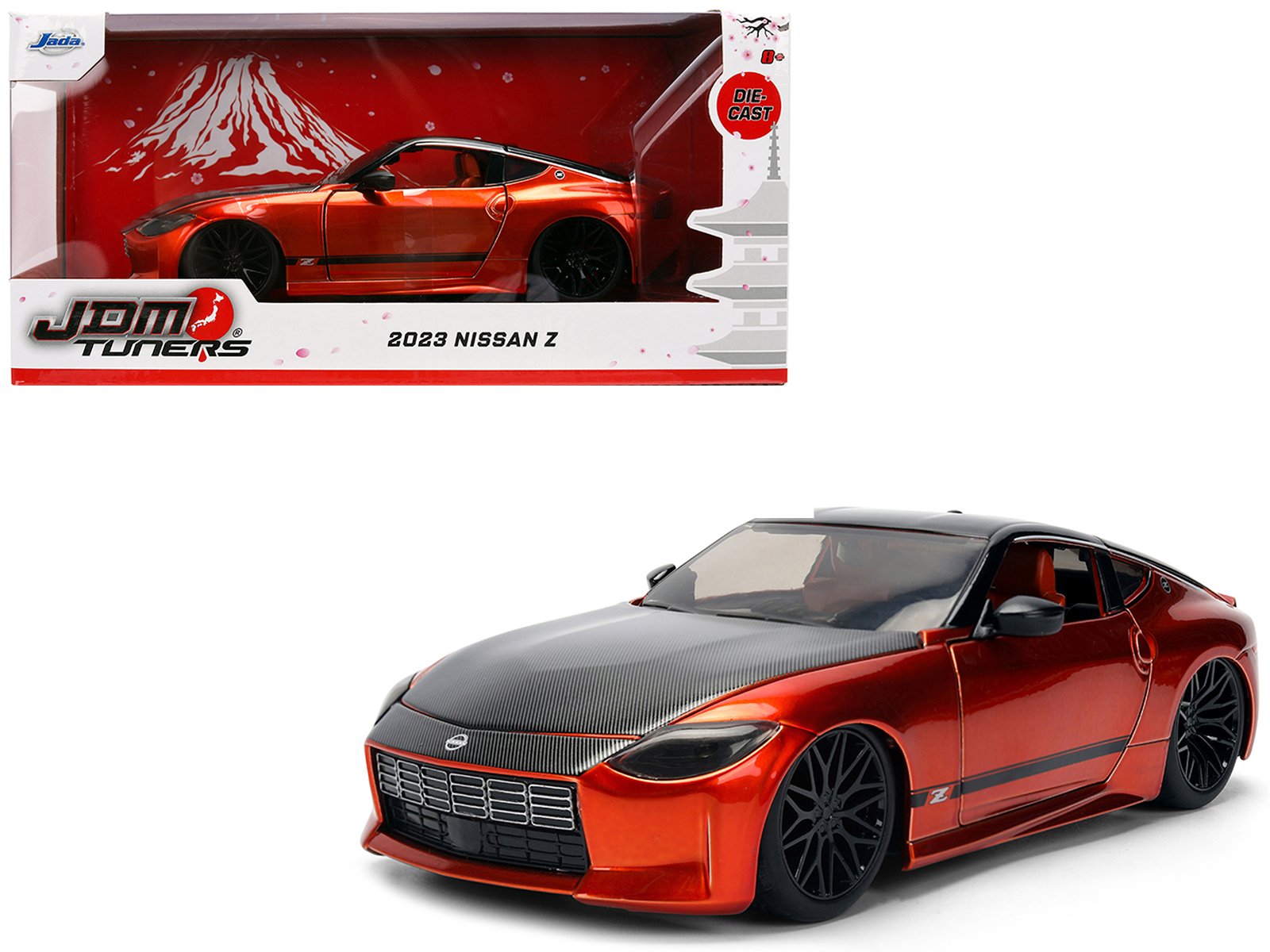 2023 nissan z orange metallic with carbon hood and black top "jdm tuners" series 1/24 diecast model car by jada 2023 nissan z orange metallic with carbon hood and black top "jdm tuners" series 1/24 diecast model car by jada