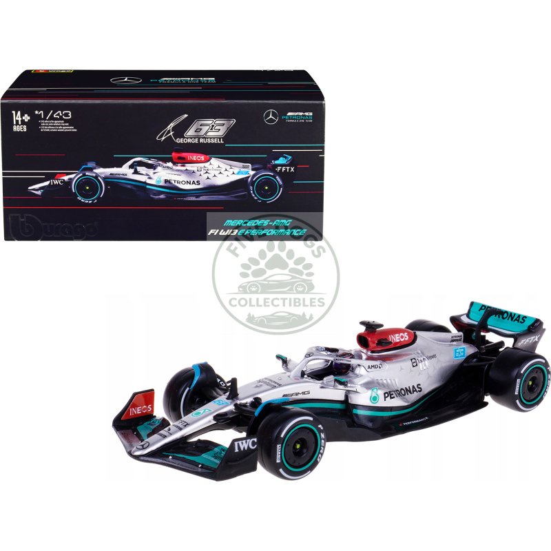 mercedes amg f1 w13 e performance #63 george russell "f1 formula one world championship" (2022) with display case 1/43 diecast model car by bburago