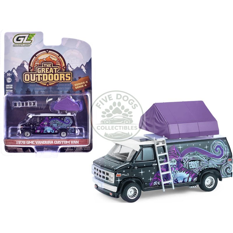 1978 gmc vandura custom van black with wizard graphics and white top with camp'otel cartop sleeper tent "the great outdoors" series 4 1/64 diecast model car by greenlight