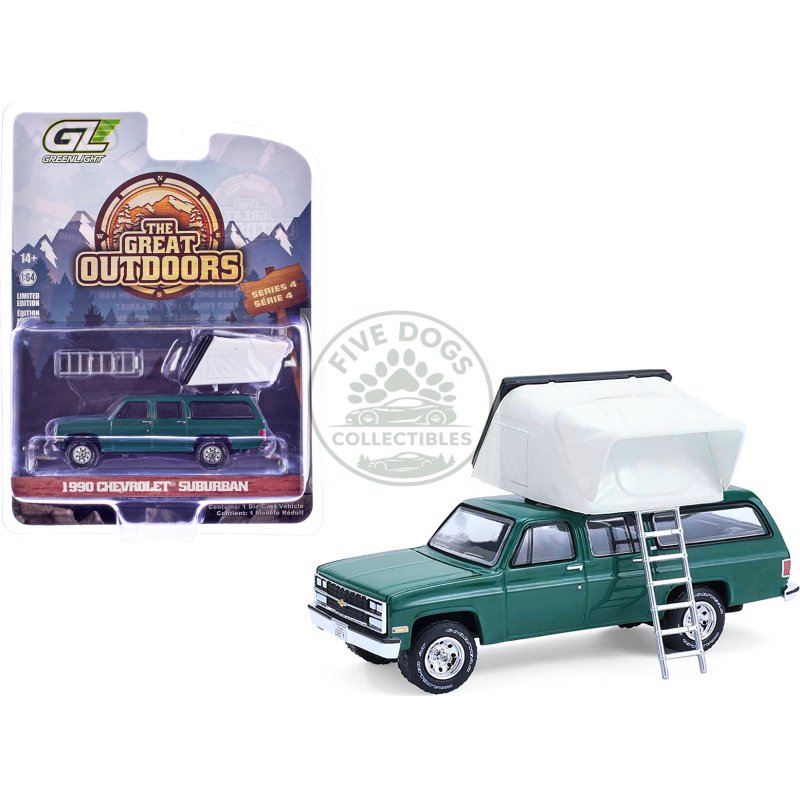 1990 chevrolet suburban green with modern rooftop camper "the great outdoors" series 4 1/64 diecast model car by greenlight