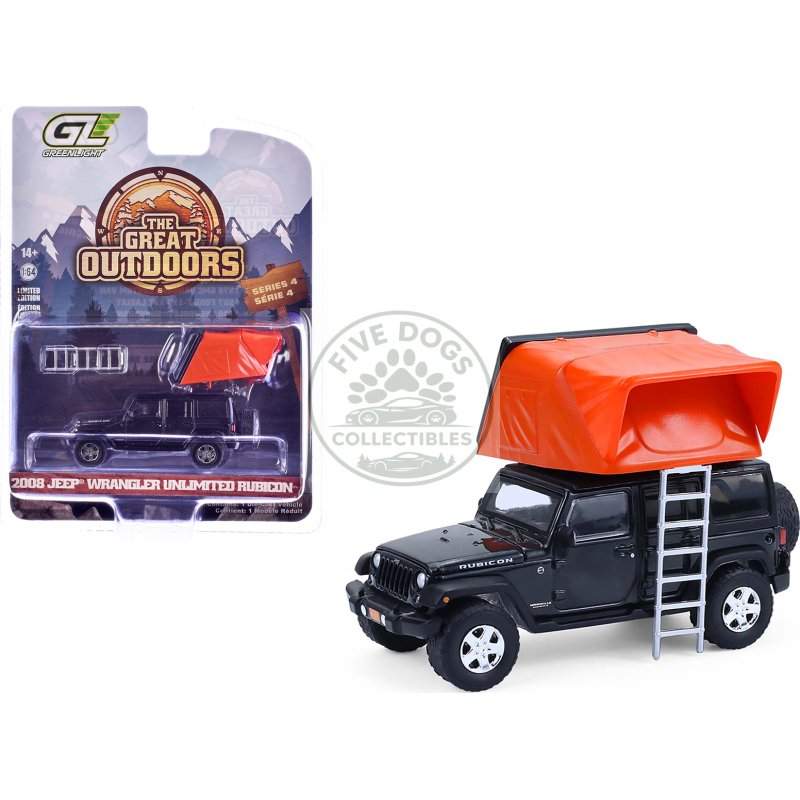 2008 jeep wrangler unlimited rubicon dark charcoal with modern rooftop camper "the great outdoors" series 4 1/64 diecast model car by greenlight