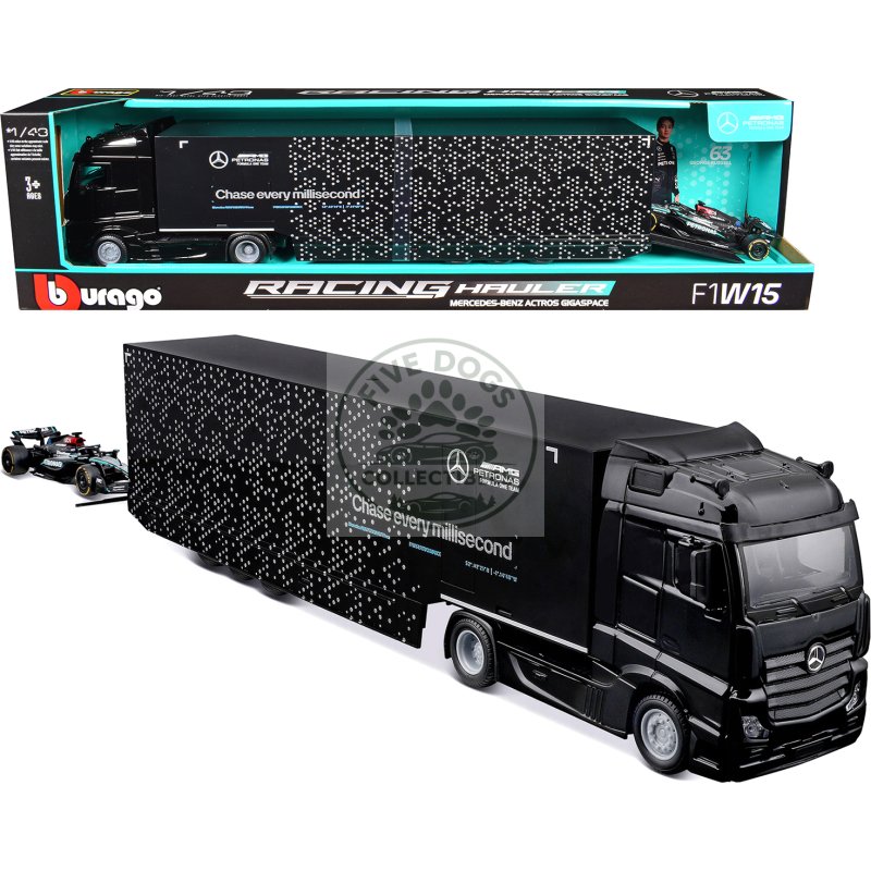 mercedes benz actros gigaspace car transporter black and mercedes amg f1 w15 e performance #63 george russell "petronas" formula one f1 world championship (2024) "racing hauler" series 1/43 diecast model car by bburago