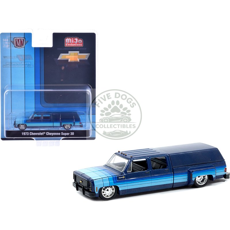 1973 chevrolet cheyenne super 30 pickup truck with camper shell blue with stripes limited edition to 8500 pieces worldwide 1/64 diecast model car by m2 machines