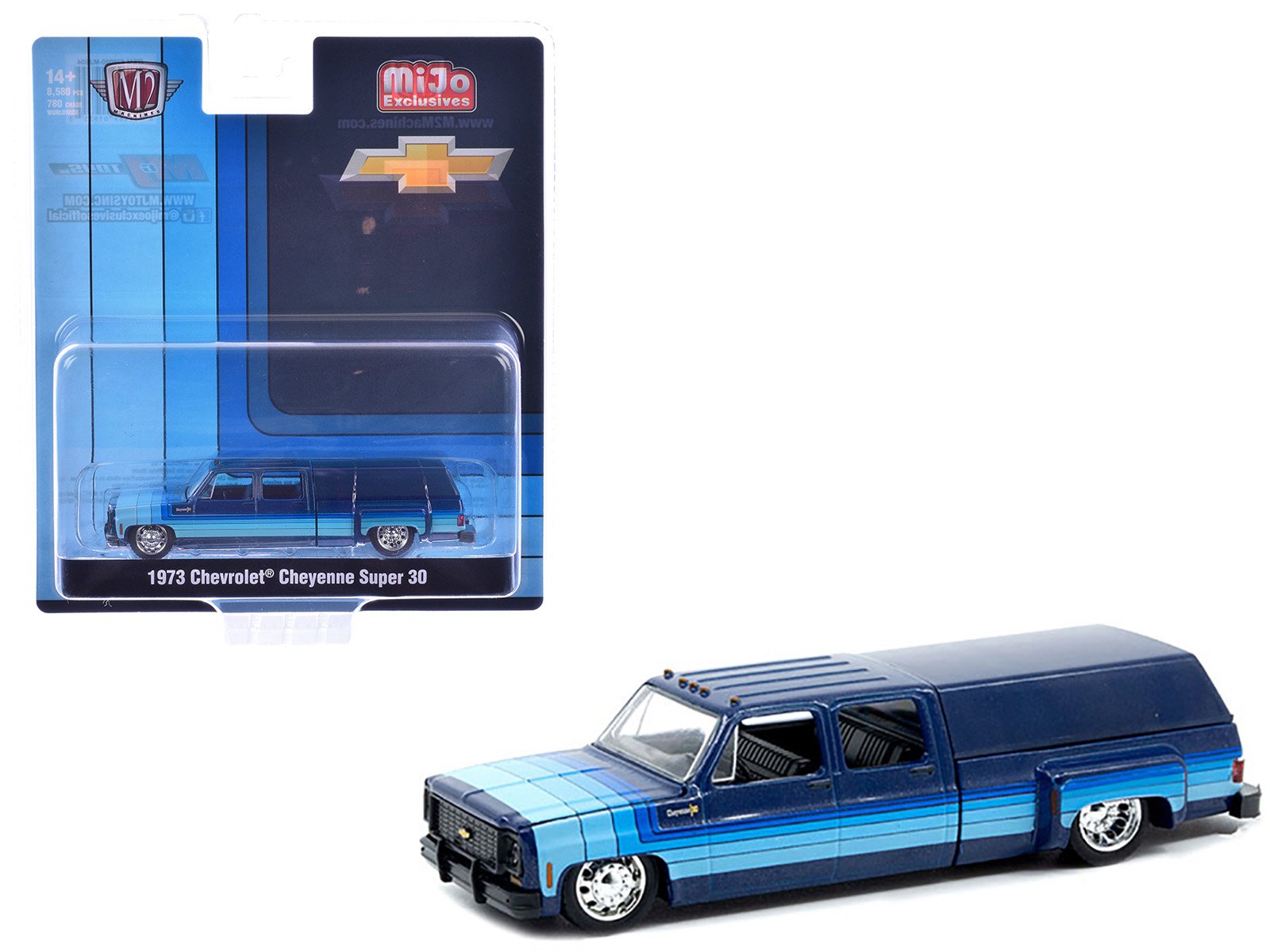 1973 chevrolet cheyenne super 30 pickup truck with camper shell blue with stripes limited edition to 8500 pieces worldwide 1/64 diecast model car by m2 machines 1973 chevrolet cheyenne super 30 pickup truck with camper shell blue with stripes limited edition to 8500 pieces worldwide 1/64 diecast model car by m2 machines