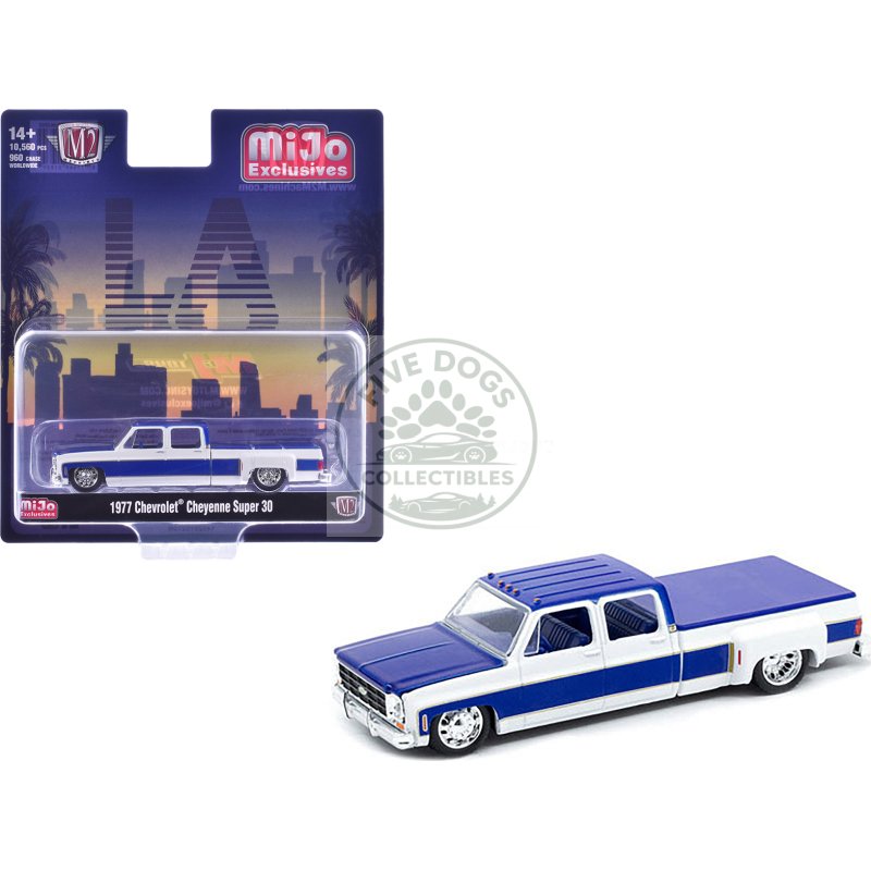 1977 chevrolet cheyenne super 30 pickup truck white and blue "la" limited edition to 10560 pieces worldwide 1/64 diecast model car by m2 machines