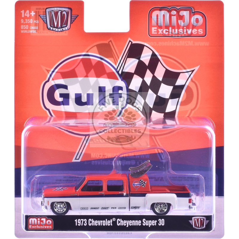 1973 chevrolet cheyenne super 30 pickup truck "gulf oil" orange and white with blue stripes limited edition to 9350 pieces worldwide 1/64 diecast model car by m2 machines