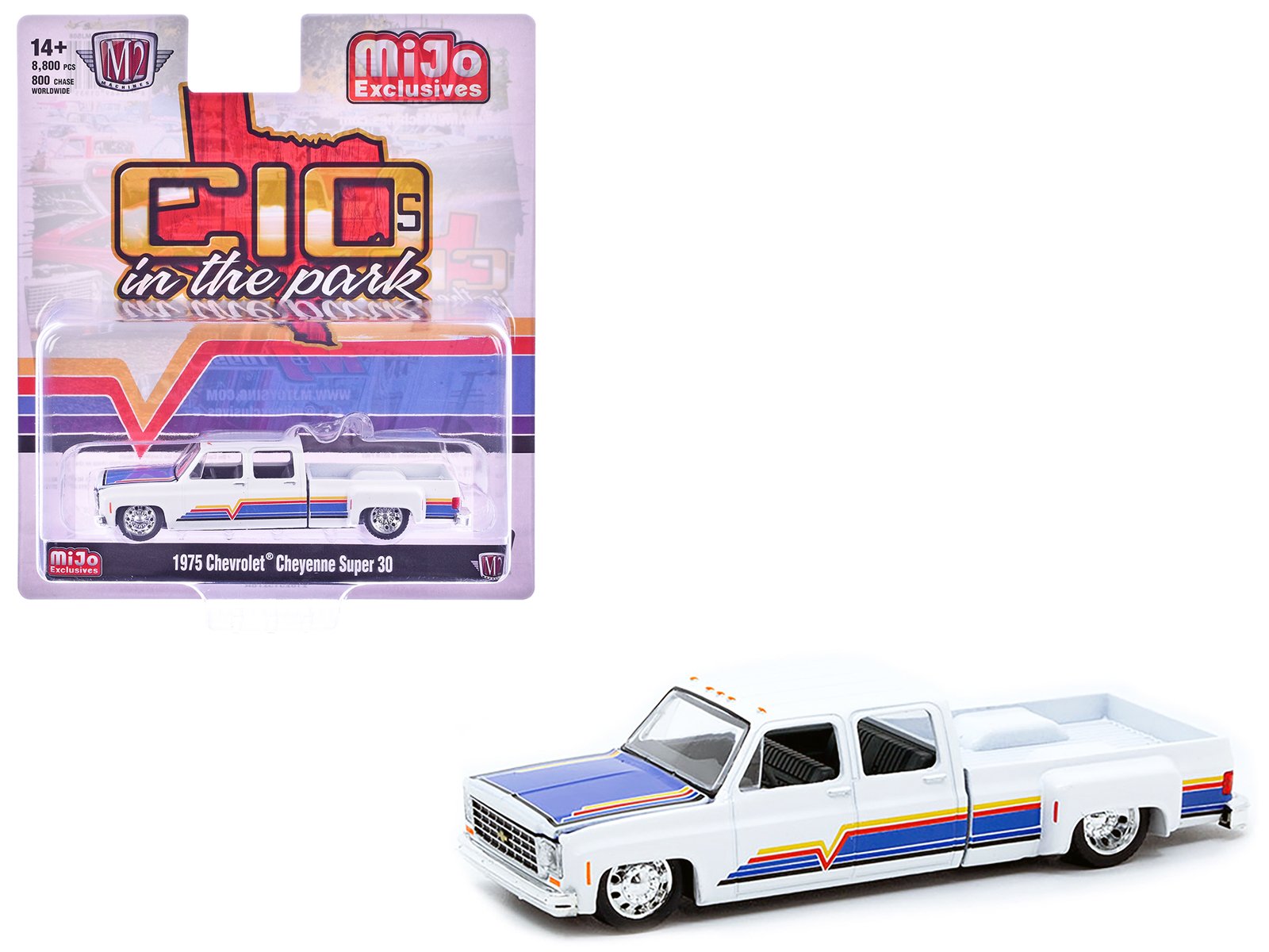 1975 chevrolet cheyenne super 30 dually pickup truck white with blue hood and stripes limited edition to 8800 pieces worldwide 1/64 diecast model car by m2 machines 1975 chevrolet cheyenne super 30 dually pickup truck white with blue hood and stripes limited edition to 8800 pieces worldwide 1/64 diecast model car by m2 machines