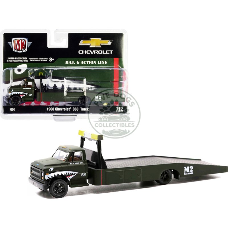 1968 chevrolet c60 flatbed truck #68 matt dark green with graphics "maj. g action line" limited edition to 21120 pieces worldwide 1/64 diecast model by m2 machines