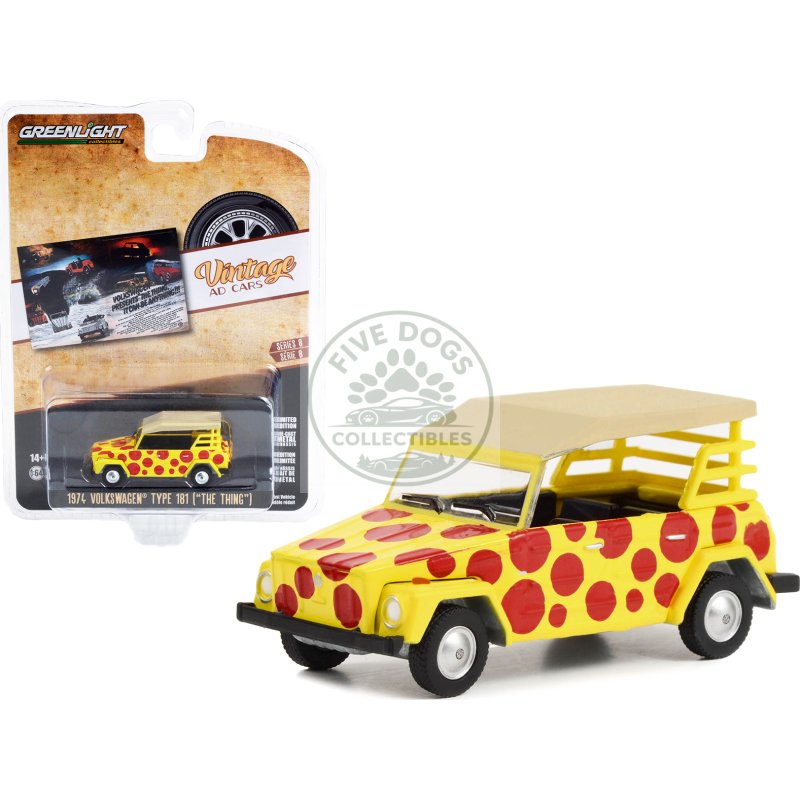 1974 volkswagen thing type 181 yellow with red polka dots "volkswagen presents the thing. it can be anything!!!" "vintage ad cars" series 8 1/64 diecast model car by greenlight