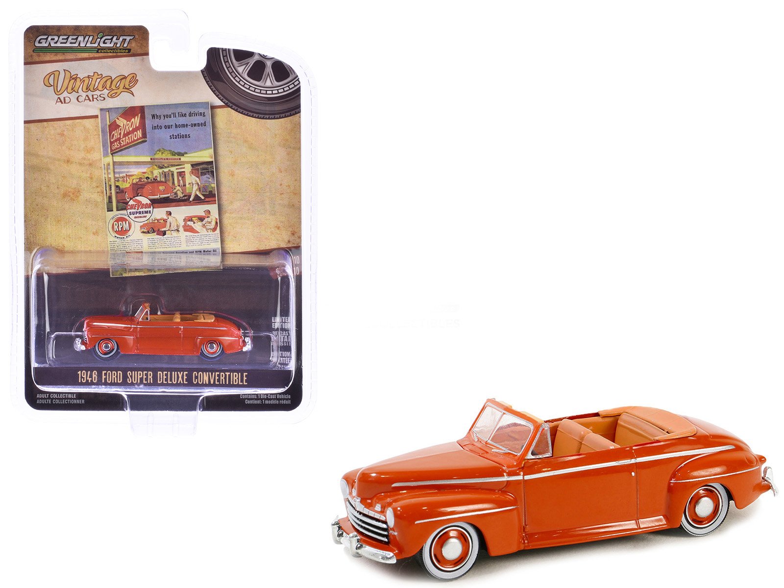 1946 ford super deluxe convertible orange "chevron supreme" "vintage ad cars" series 10 1/64 diecast model car by greenlight 1946 ford super deluxe convertible orange "chevron supreme" "vintage ad cars" series 10 1/64 diecast model car by greenlight