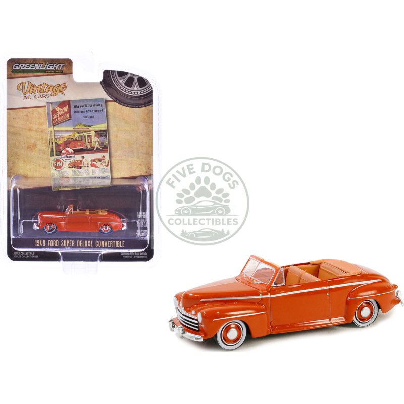 1946 ford super deluxe convertible orange "chevron supreme" "vintage ad cars" series 10 1/64 diecast model car by greenlight