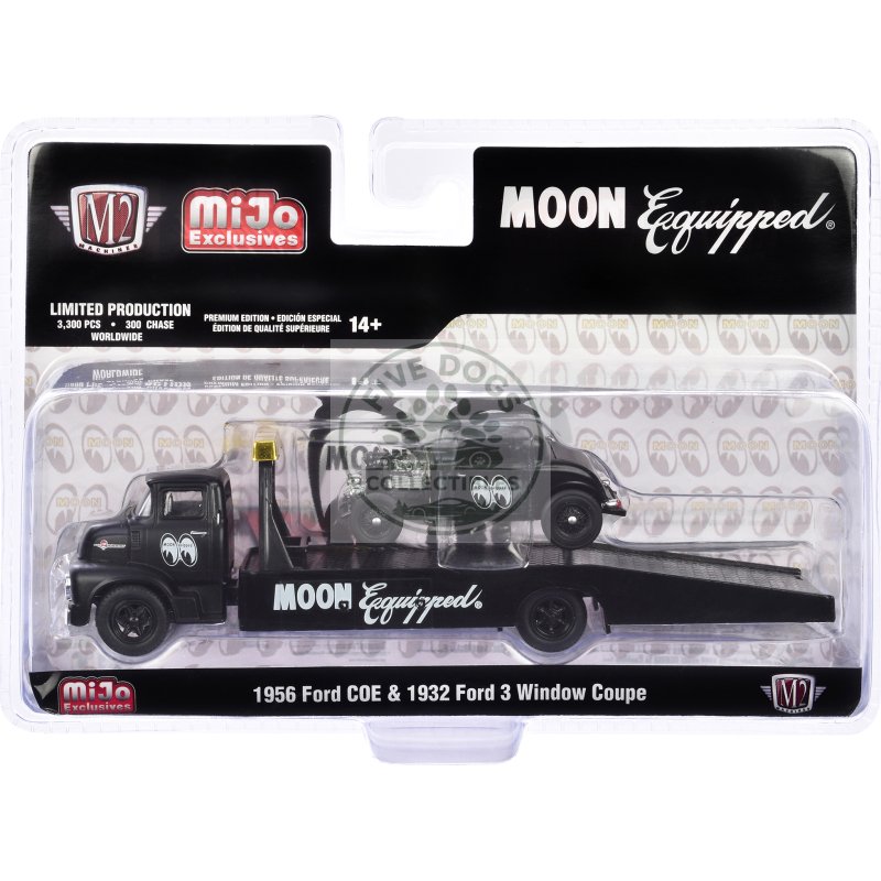 1956 ford coe ramp truck matt black and 1932 ford 3 window coupe matt black "mooneyes" limited edition to 3300 pieces worldwide 1/64 diecast model by m2 machines