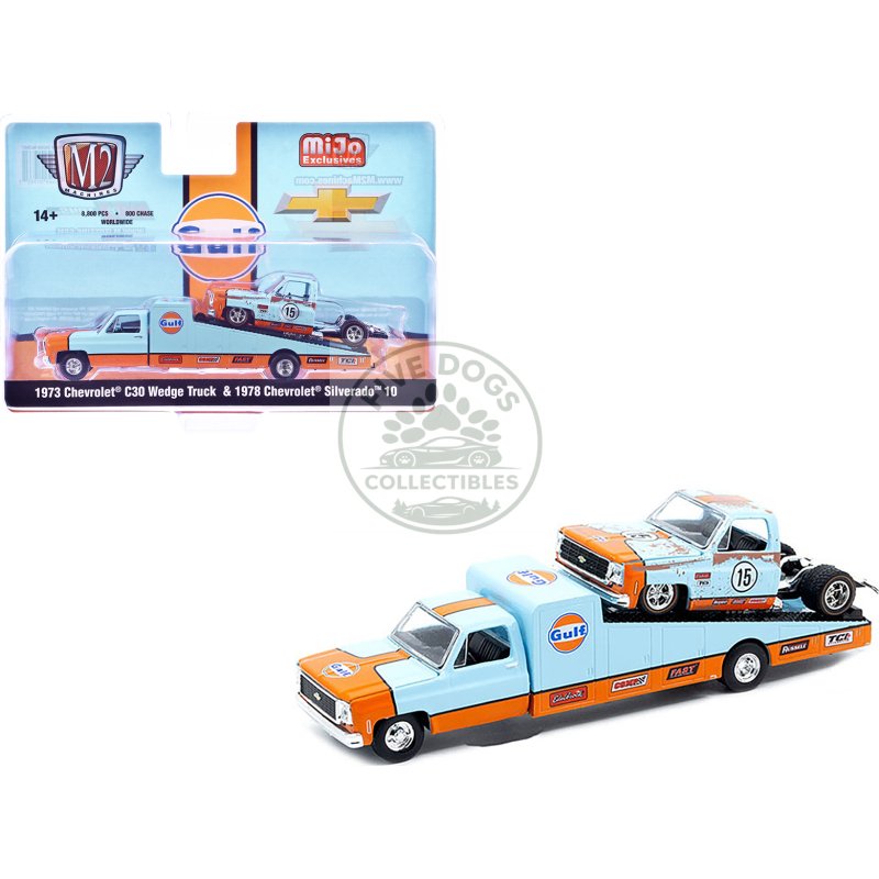 1973 chevrolet c30 wedge truck light blue and orange and 1978 chevrolet silverado 10 bedless truck #15 light blue and orange (rusted) "gulf oil" limited edition to 8000 pieces worldwide 1/64 diecast model by m2 machines