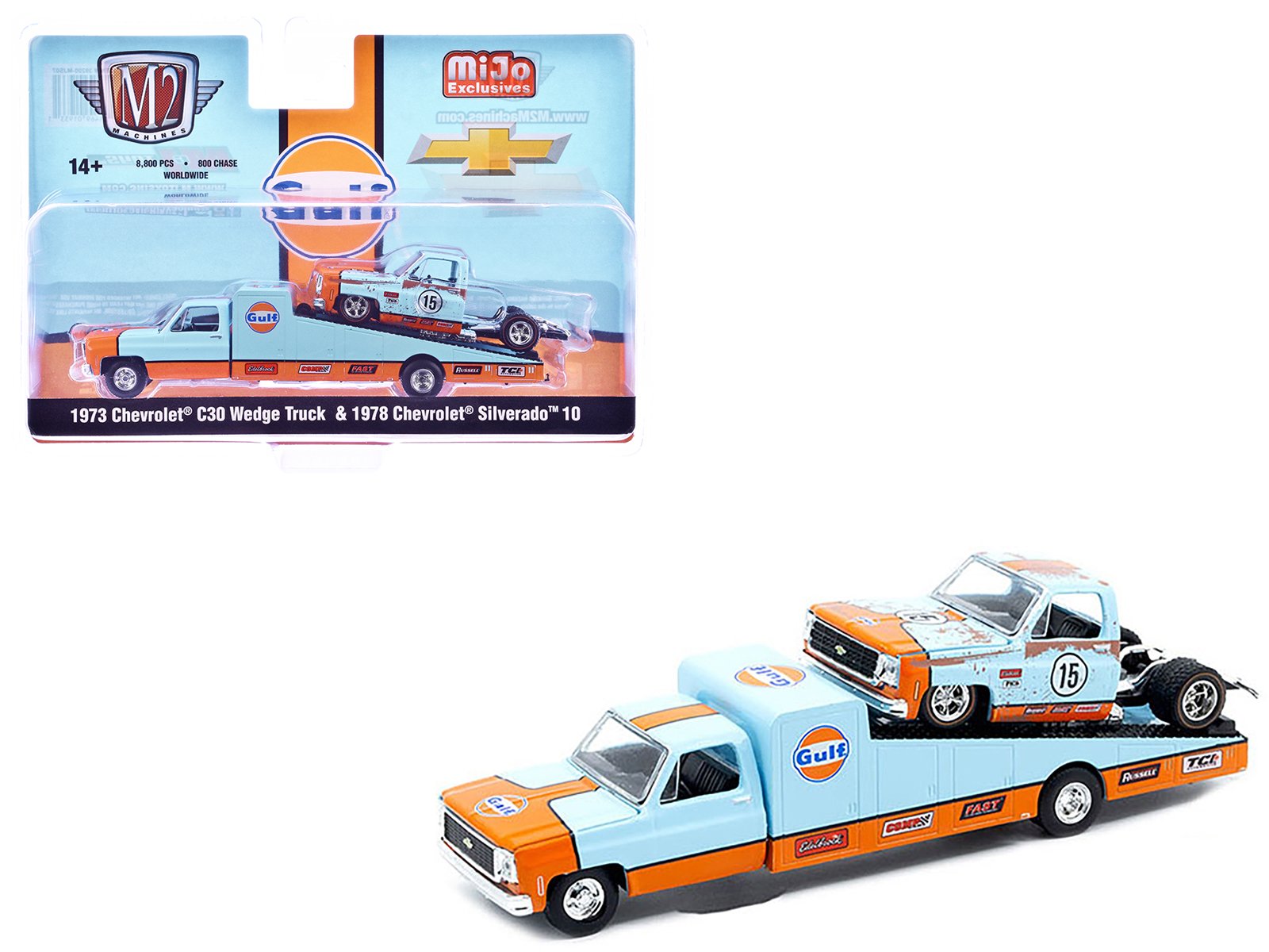 1973 chevrolet c30 wedge truck light blue and orange and 1978 chevrolet silverado 10 bedless truck #15 light blue and orange (rusted) "gulf oil" limited edition to 8000 pieces worldwide 1/64 diecast model by m2 machines 1973 chevrolet c30 wedge truck light blue and orange and 1978 chevrolet silverado 10 bedless truck #15 light blue and orange (rusted) "gulf oil" limited edition to 8000 pieces worldwide 1/64 diecast model by m2 machines
