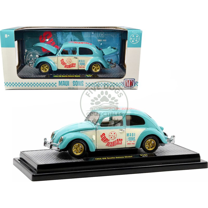 1952 volkswagen beetle deluxe model light blue and wimbledon white “maui & sons” limited edition to 3850 pieces worldwide 1/24 diecast model car by m2 machines