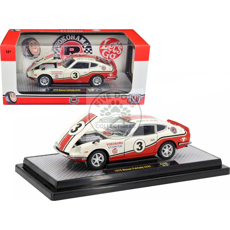 1970 nissan fairlady z 432 rhd (right hand drive) #3 wimbledon white with red and black stripes "yokohama gt special" limited edition to 5250 pieces worldwide 1/24 diecast model car by m2 machines