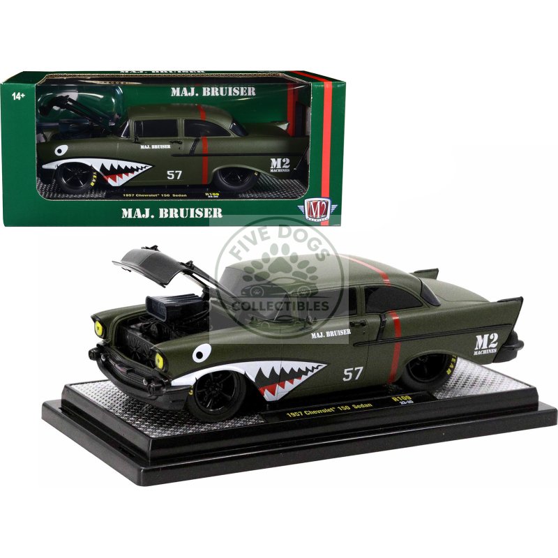 1957 chevrolet 150 sedan #57 matt green metallic "major bruiser" limited edition to 5650 pieces worldwide 1/24 diecast model car by m2 machines