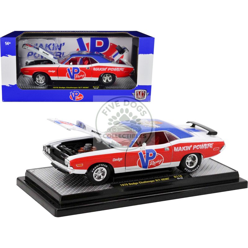 1970 dodge challenger r/t hemi white with red and blue stripes with red interior "vp racing" limited edition to 5710 pieces worldwide 1/24 diecast model car by m2 machines