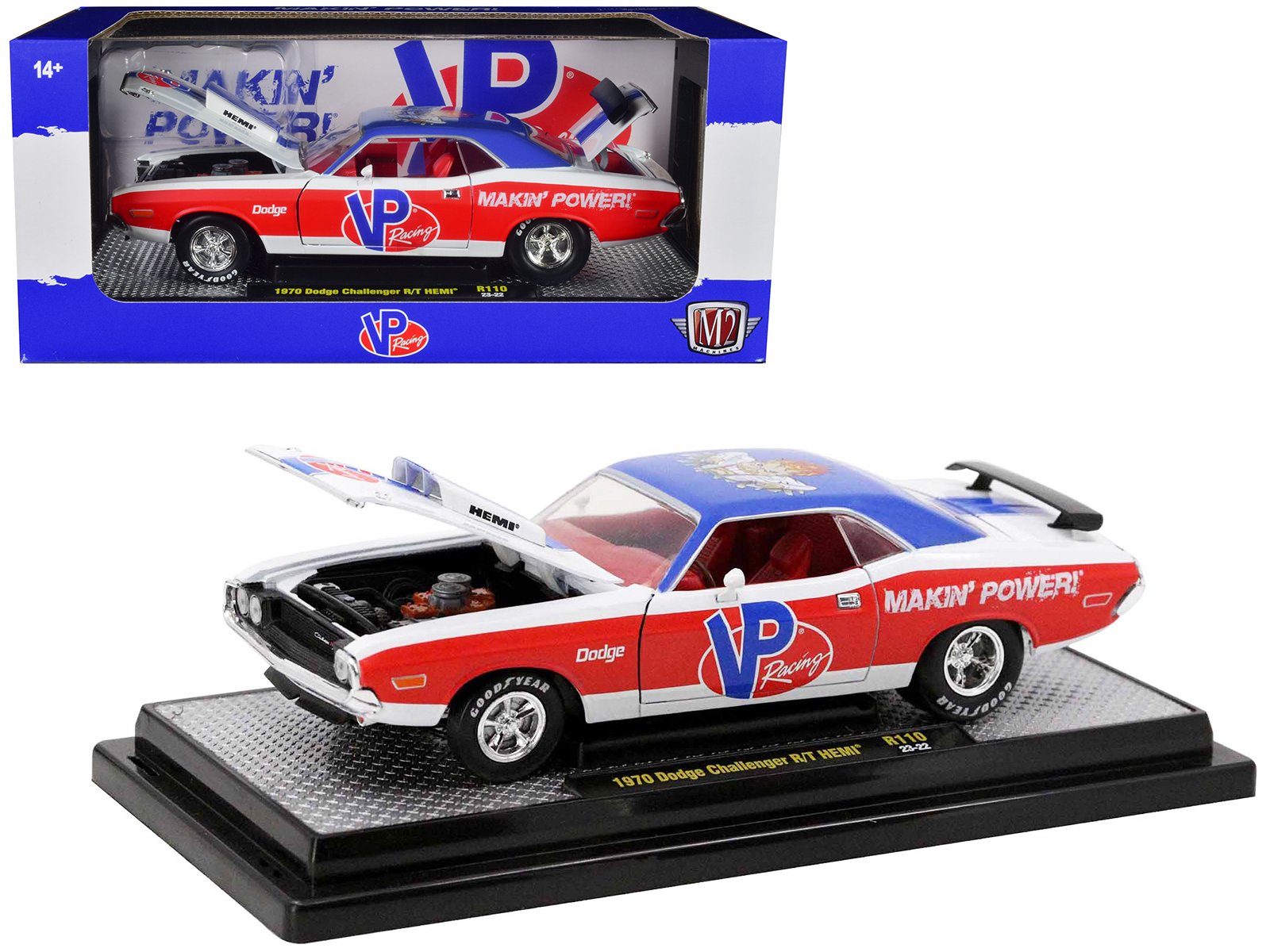 1970 dodge challenger r/t hemi white with red and blue stripes with red interior "vp racing" limited edition to 5710 pieces worldwide 1/24 diecast model car by m2 machines 1970 dodge challenger r/t hemi white with red and blue stripes with red interior "vp racing" limited edition to 5710 pieces worldwide 1/24 diecast model car by m2 machines