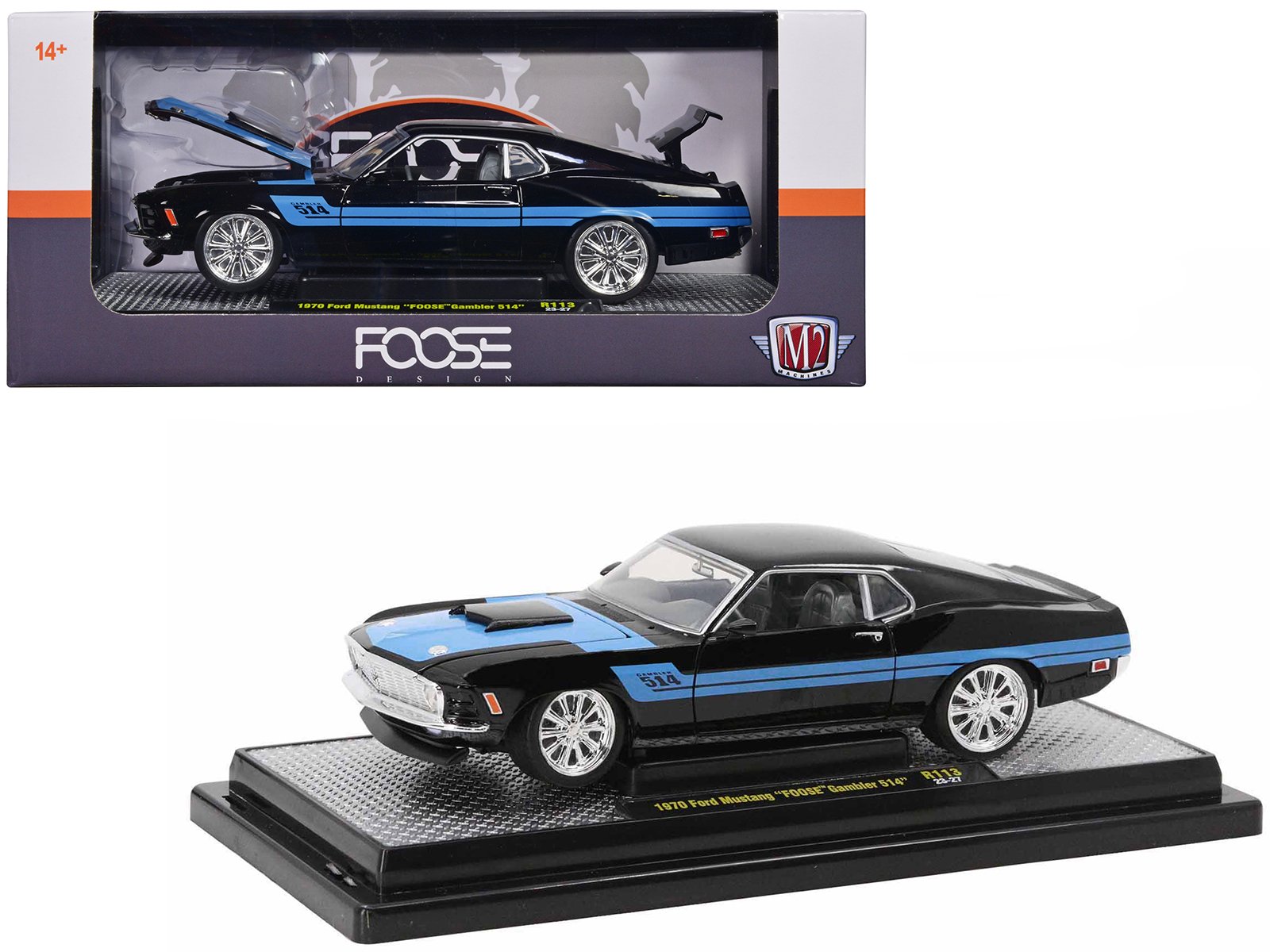 1970 ford mustang gambler 514 black with blue stripes "foose" limited edition to 6650 pieces worldwide 1/24 diecast model car by m2 machines 1970 ford mustang gambler 514 black with blue stripes "foose" limited edition to 6650 pieces worldwide 1/24 diecast model car by m2 machines