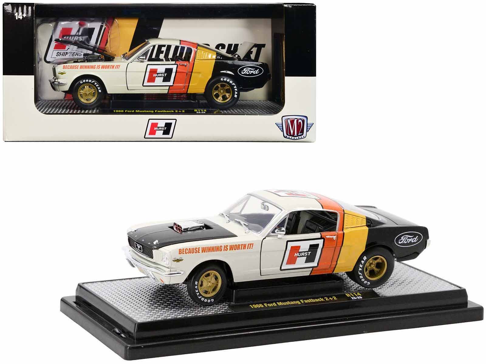1966 ford mustang fastback 2+2 off white and black with red and yellow stripes "hurst shifters" limited edition to 6000 pieces worldwide 1/24 diecast model car by m2 machines 1966 ford mustang fastback 2+2 off white and black with red and yellow stripes "hurst shifters" limited edition to 6000 pieces worldwide 1/24 diecast model car by m2 machines