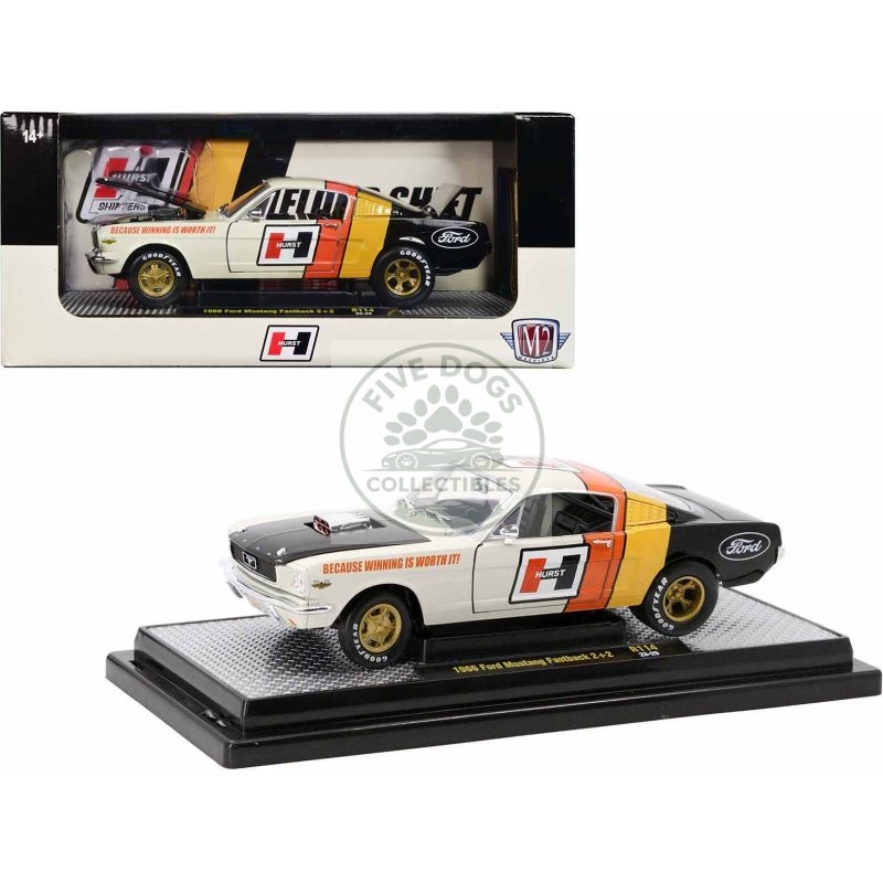 1966 ford mustang fastback 2+2 off white and black with red and yellow stripes "hurst shifters" limited edition to 6000 pieces worldwide 1/24 diecast model car by m2 machines