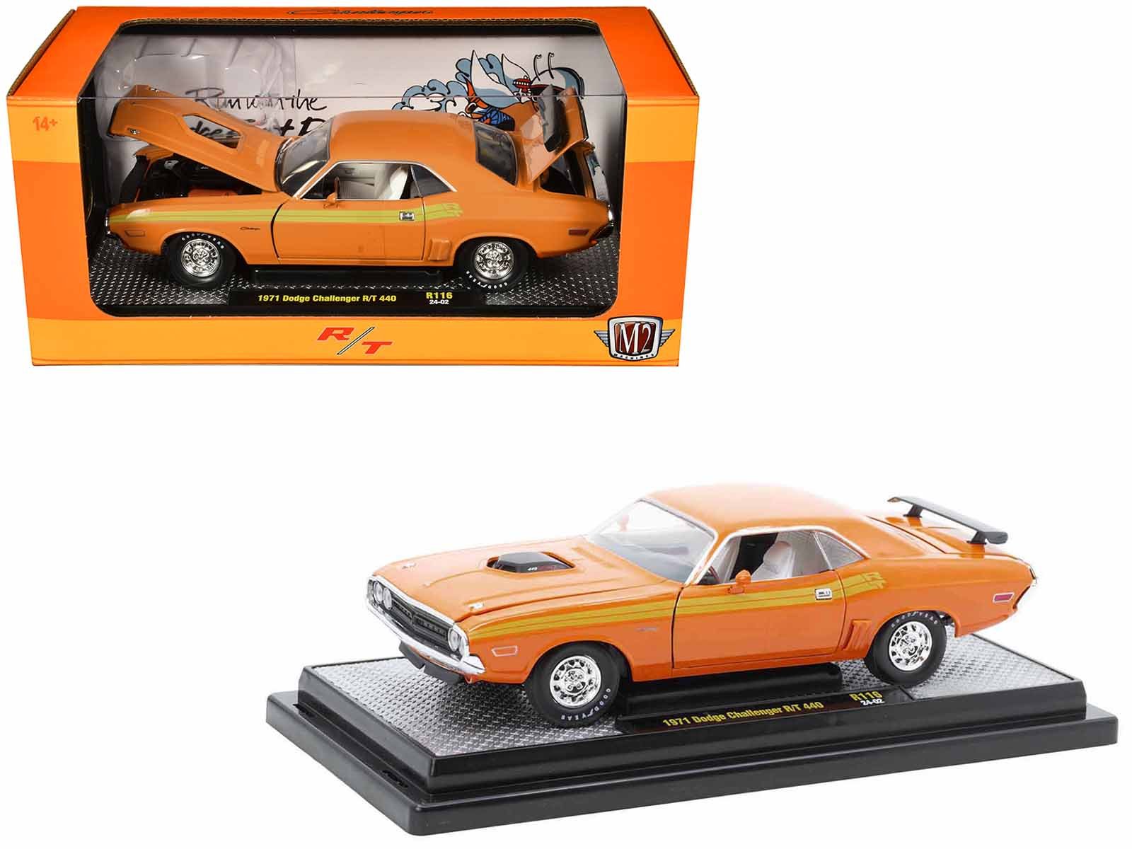 1971 dodge challenger r/t 440 orange with yellow stripes and white interior limited edition to 5250 pieces worldwide 1/24 diecast model car by m2 machines 1971 dodge challenger r/t 440 orange with yellow stripes and white interior limited edition to 5250 pieces worldwide 1/24 diecast model car by m2 machines