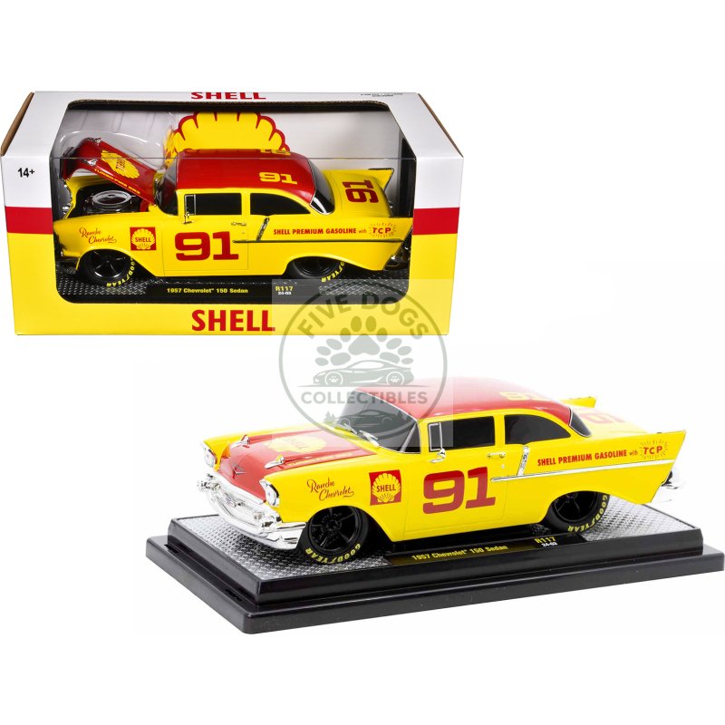 1957 chevrolet 150 sedan #91 yellow with red hood and top "shell oil" limited edition to 6250 pieces worldwide 1/24 diecast model car by m2 machines